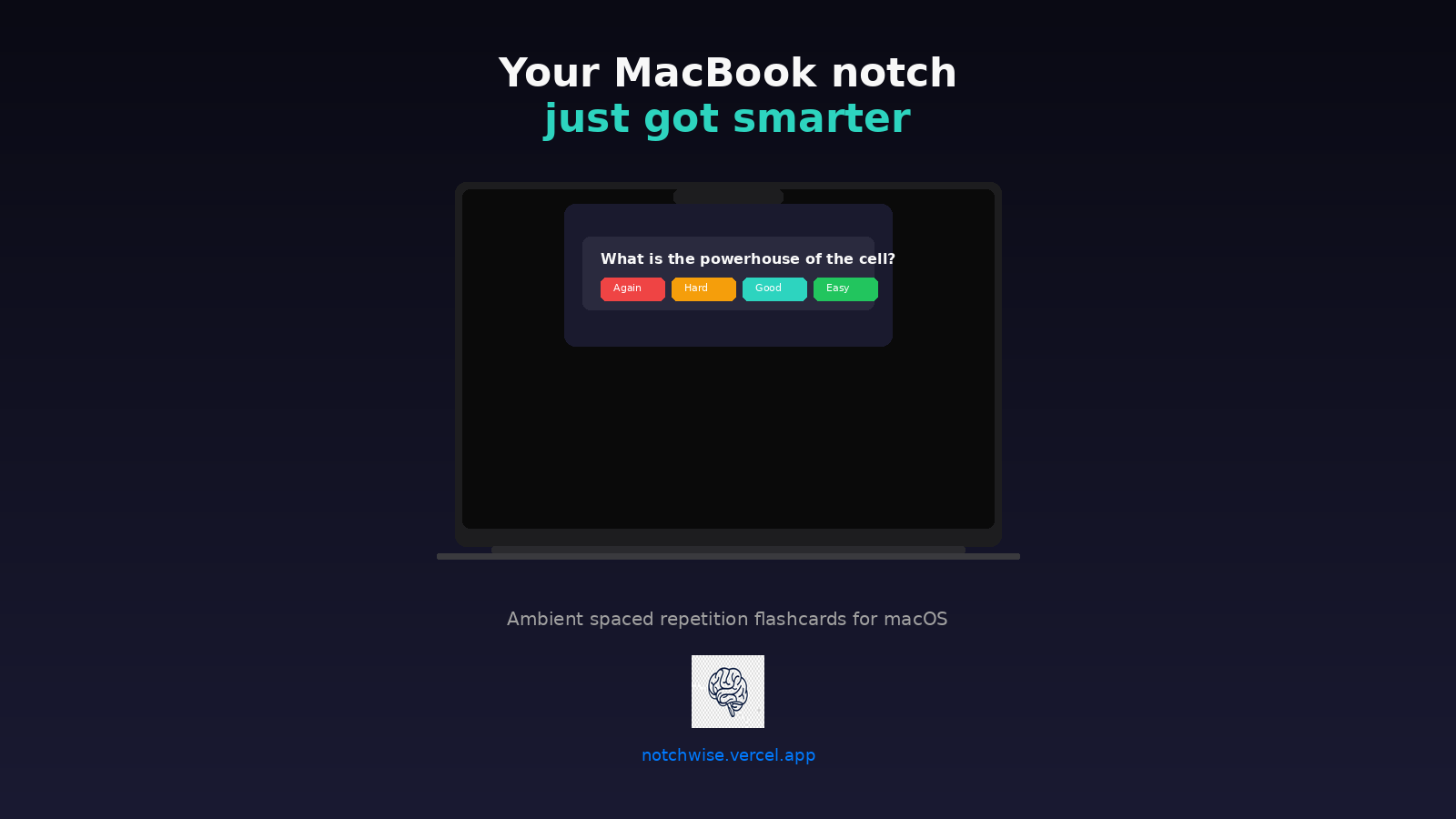 NotchWise hero: MacBook with notch expanded showing a flashcard and rating buttons