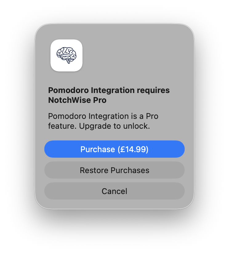 NotchWise Pro purchase dialog showing StoreKit in-app purchase